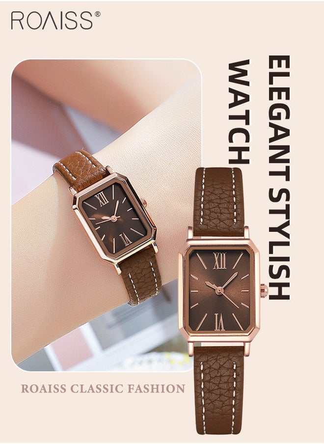 roaiss - Women's Leather Strap Quartz Watch, Analog Display Rectangle Dial, Waterproof Fashionable Simple Wristwatch as Gift for Ladies, Brown - Image 1