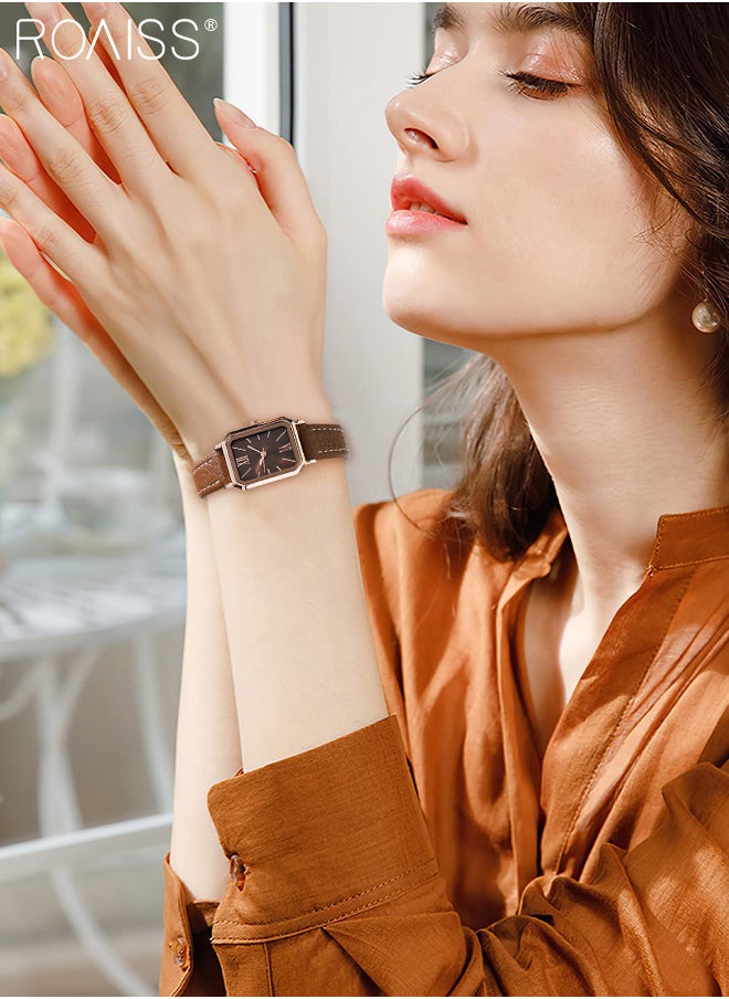roaiss - Women's Leather Strap Quartz Watch, Analog Display Rectangle Dial, Waterproof Fashionable Simple Wristwatch as Gift for Ladies, Brown - Image 1