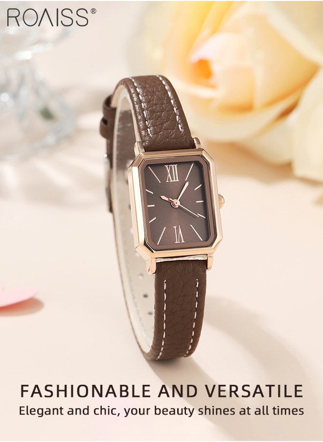 roaiss - Women's Leather Strap Quartz Watch, Analog Display Rectangle Dial, Waterproof Fashionable Simple Wristwatch as Gift for Ladies, Brown - Image 1