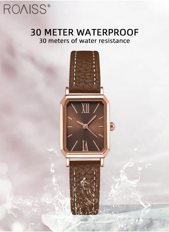 roaiss - Women's Leather Strap Quartz Watch, Analog Display Rectangle Dial, Waterproof Fashionable Simple Wristwatch as Gift for Ladies, Brown - Image 1