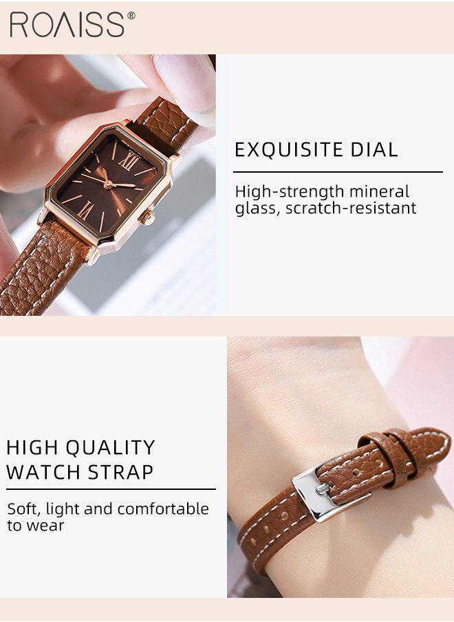 roaiss - Women's Leather Strap Quartz Watch, Analog Display Rectangle Dial, Waterproof Fashionable Simple Wristwatch as Gift for Ladies, Brown - Image 1