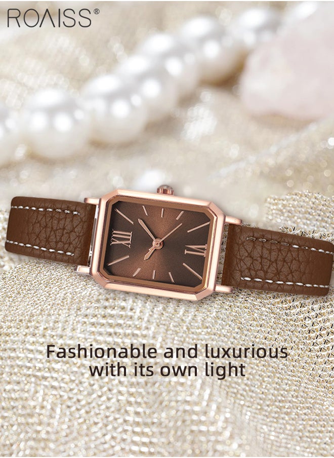 roaiss - Women's Leather Strap Quartz Watch, Analog Display Rectangle Dial, Waterproof Fashionable Simple Wristwatch as Gift for Ladies, Brown - Image 1