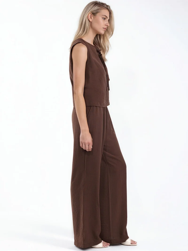 هيكاب Viscose Blend Blouse with Tie Detail & Elastic Waist Pants Set