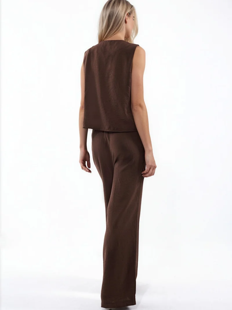 Hiccup Mocha Brown Viscose Blend Blouse with Tie Detail & Elastic Waist Pants Set for Women | Best Price UAE