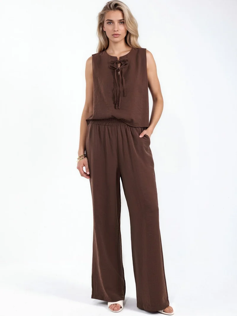 هيكاب Viscose Blend Blouse with Tie Detail & Elastic Waist Pants Set