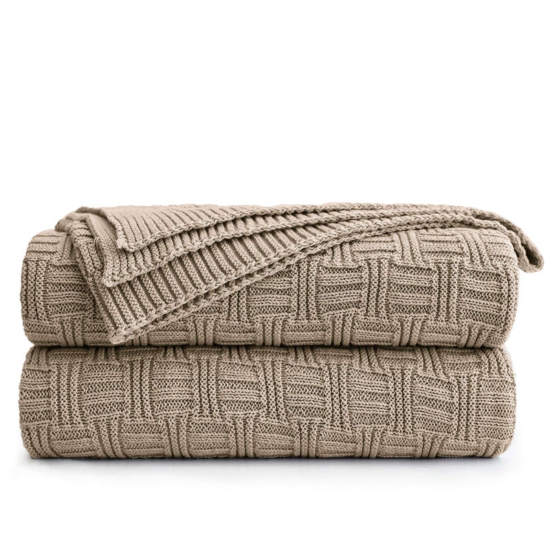 Cotton Khaki Cable Knit Throw Blanket for Couch Sofa Bed with Bonus Laundering Bag  Large 60 x 80 Thick 34 LB Machine Washable Comfortable Home Dcor
