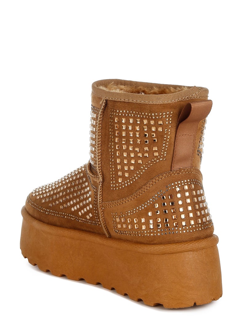 لندن راج حذاء الكاحل السميك المزين بأحجار الراين باللون البني  - Image 3