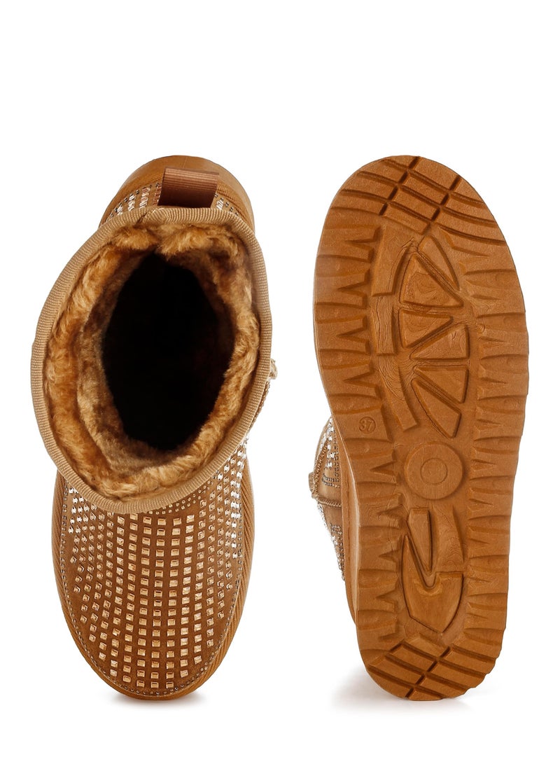 لندن راج حذاء الكاحل السميك المزين بأحجار الراين باللون البني  - Image 4