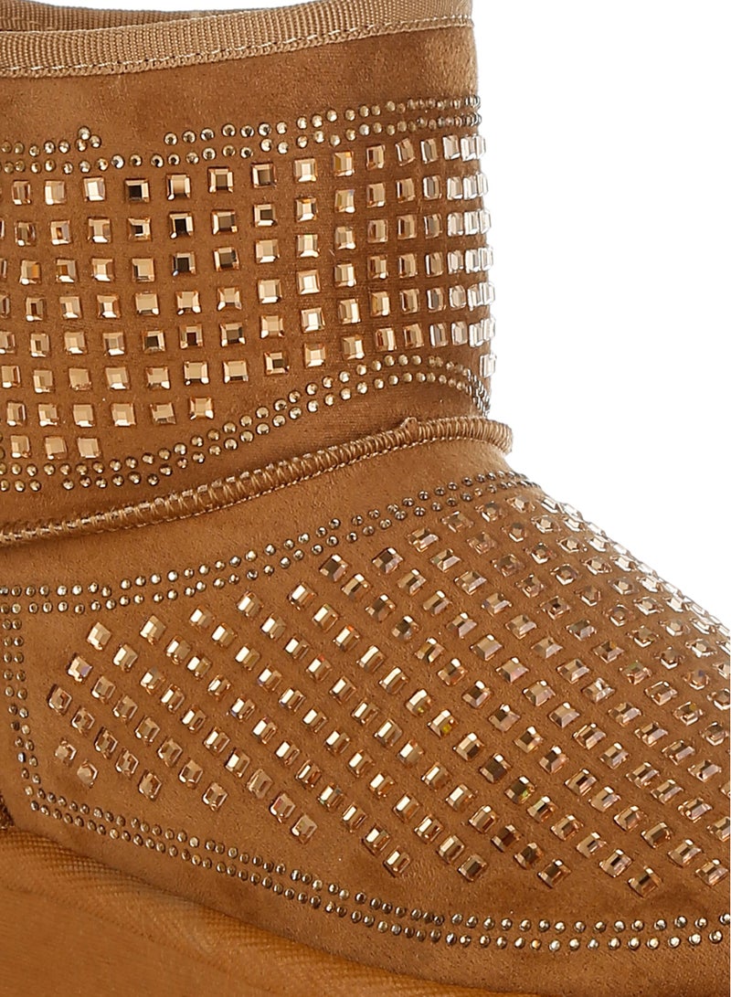 لندن راج حذاء الكاحل السميك المزين بأحجار الراين باللون البني  - Image 5