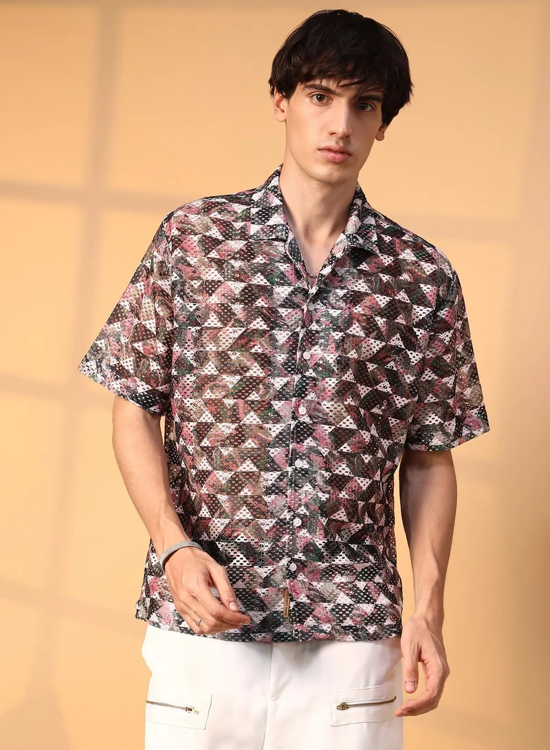 Campus Sutra Campus Sutra Men's Multicolour Overlap Knit Oversized Shirt For Casual Wear | Cuban Collar | Short Sleeve | Button Closure | Oversized Shirt Crafted With Comfort Fit For Everyday Wear