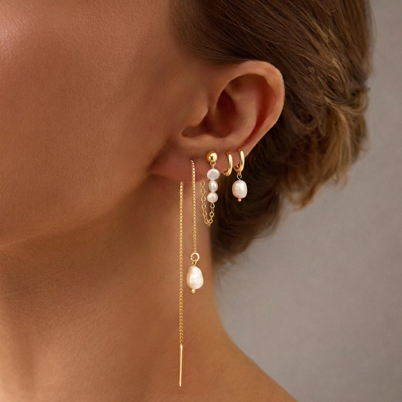 Moodear Gold Pearl Hoop Earrings for Women Non Tarnish â€“ 14K Gold Plated Hypoallergenic Huggie Dangle Drop Earrings Set for Multiple Piercings & Cartilage, Trendy Jewelry Gift - Image 2