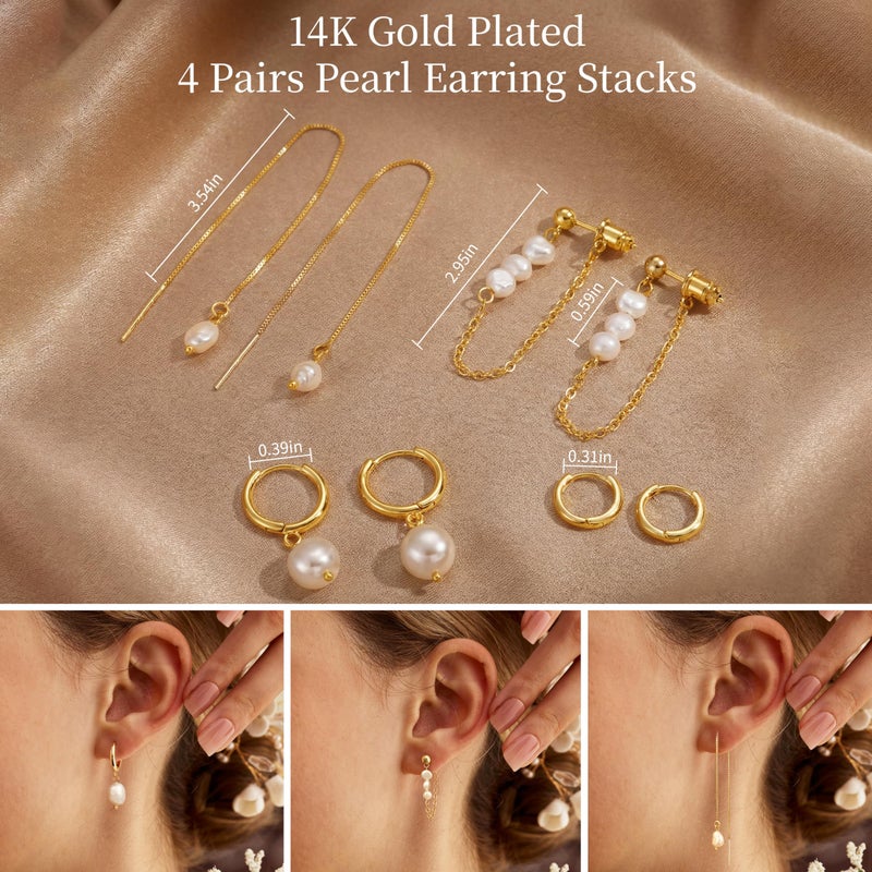 Moodear Gold Pearl Hoop Earrings for Women Non Tarnish â€“ 14K Gold Plated Hypoallergenic Huggie Dangle Drop Earrings Set for Multiple Piercings & Cartilage, Trendy Jewelry Gift - Image 4