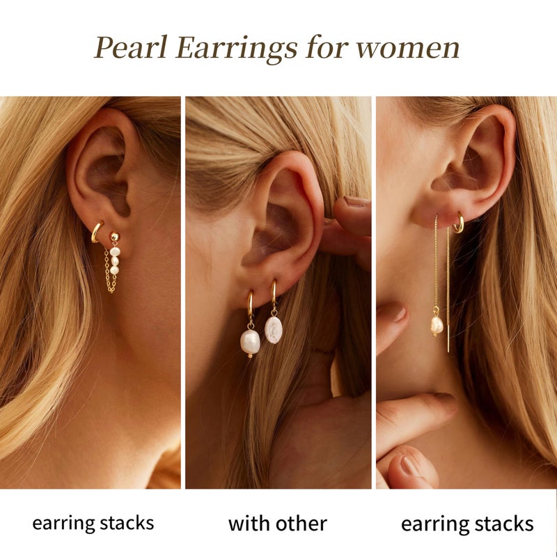 Moodear Gold Pearl Hoop Earrings for Women Non Tarnish â€“ 14K Gold Plated Hypoallergenic Huggie Dangle Drop Earrings Set for Multiple Piercings & Cartilage, Trendy Jewelry Gift - Image 3