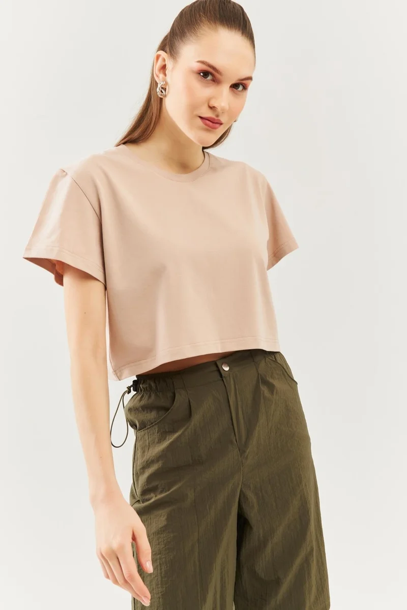 بوتيكجيز Light Brown Oversize Comfortable Cotton Combed Crew Neck Short Sleeve Basic Crop T-Shirt