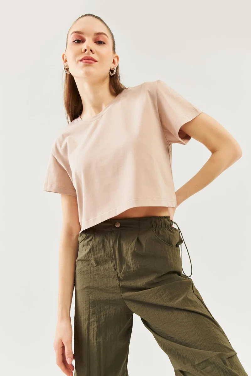 بوتيكجيز Light Brown Oversize Comfortable Cotton Combed Crew Neck Short Sleeve Basic Crop T-Shirt
