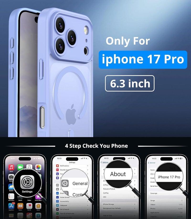 حافظة مغناطيسية لـ iPhone 17 Pro مع واقي شاشة زجاج مقسى (عبوة واحدة)، متوافقة مع MagSafe، حماية من السقوط بدرجة عسكرية، حافظة مقاومة للصدمات غير لامعة شفافة نحيفة - أرجواني فاتح - Image 4