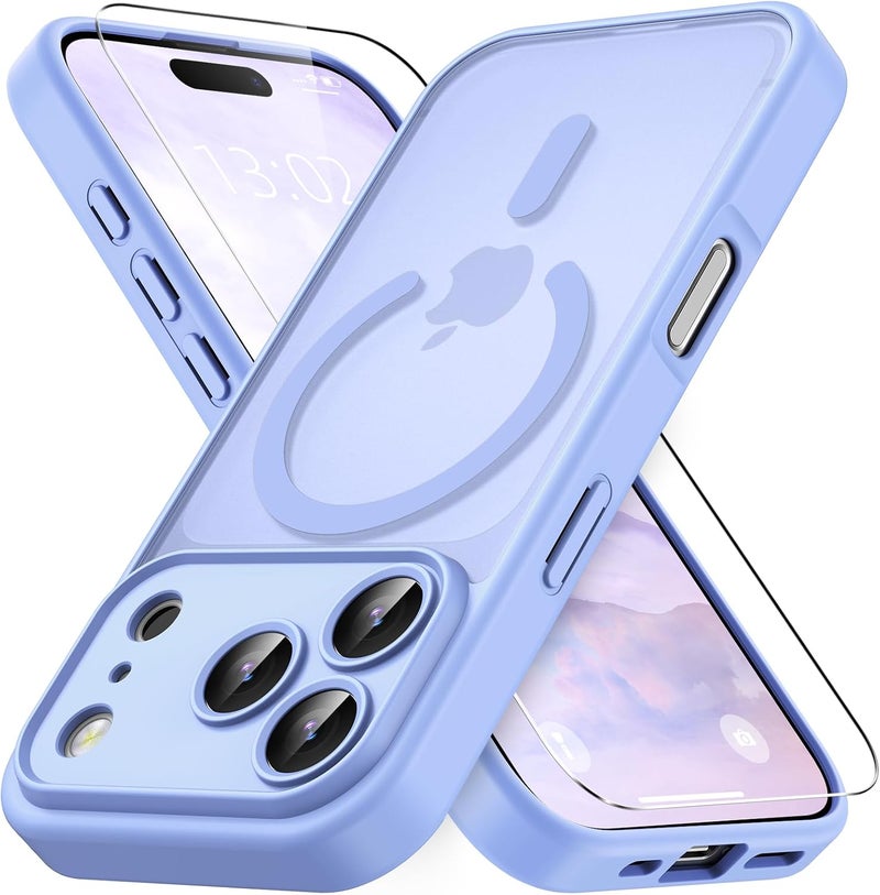 حافظة مغناطيسية لـ iPhone 17 Pro مع واقي شاشة زجاج مقسى (عبوة واحدة)، متوافقة مع MagSafe، حماية من السقوط بدرجة عسكرية، حافظة مقاومة للصدمات غير لامعة شفافة نحيفة - أرجواني فاتح - Image 1