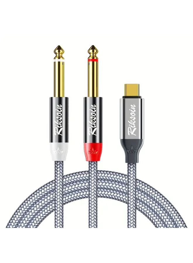 USB Type C to Dual 6.35mm 1 4 Inch Stereo Splitter Y Cable 1.2M 47.24 Inch Nylon Braided Aux Audio Cord for Smartphone Tablet Laptop Amplifier Speaker - Image 1