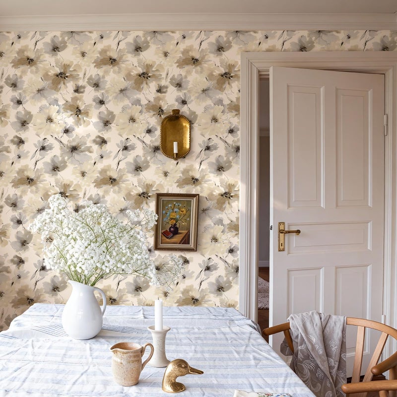 JiffDiff Beige Flower Watercolor Flower Peel and Stick Wallpaper, Honey Wheat Yellow, 17.3x393.7 inch, 48.5 sq ft, Straight Match - Image 5