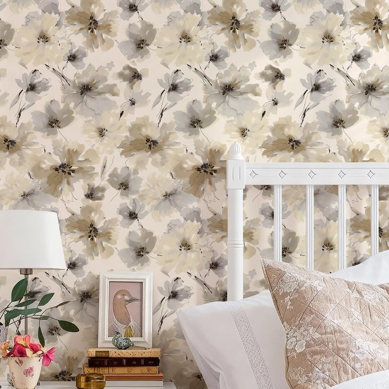 JiffDiff Beige Flower Watercolor Flower Peel and Stick Wallpaper, Honey Wheat Yellow, 17.3x393.7 inch, 48.5 sq ft, Straight Match - Image 2