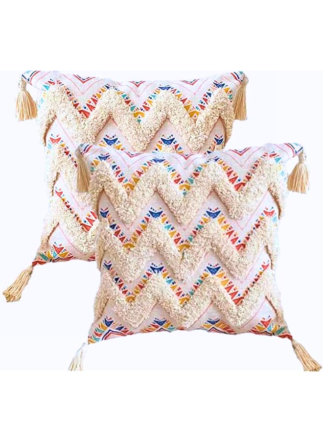 The Bros Cushion Covers 45x45 cm - Boho Decor Throw Pillow Covers for Sofa or Bed - Multicoloured Tufted Geometric With Tassels - Set of 2 - Home Lux - Image 1
