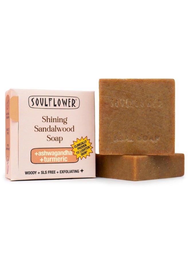 Soulflower Shining Sandalwood Soap For Daily Cleansing | Tan Removal & Skin Brightening Natural Bathing Bar For Hard Water With Ashwagandha, Tulsi, Neem & Shea Butter | Controls Acne & Pimples | 100g - Image 1