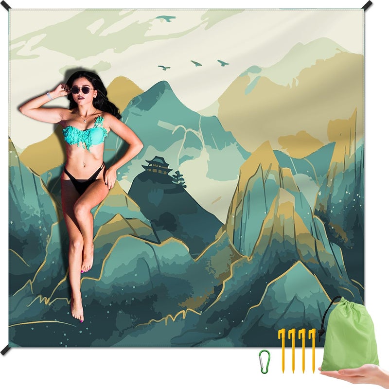 DPWCVM Beach Blanket Waterproof Sandproof Large Beach Mat 79 X 83 for 24 Adults Sand Free Mat Quick DryingLightweight Durable with 4 Stakes 4 Corner Pockets for Beach Travel CampingMountain - Image 2