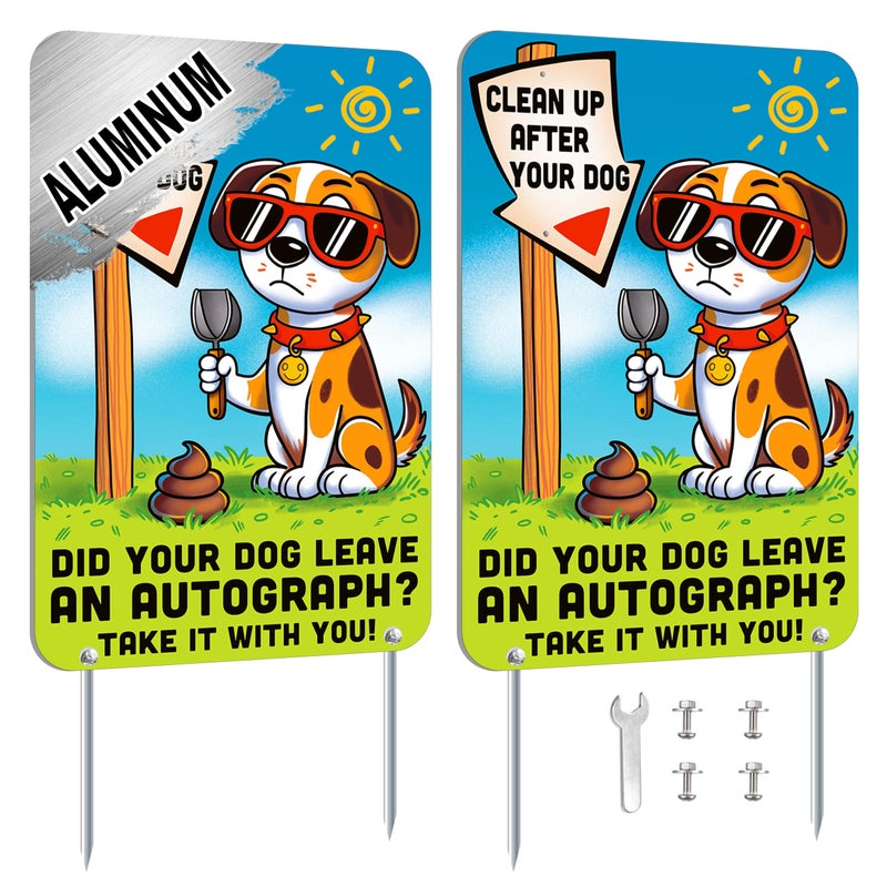 DIMARONGTON 2 PC Clean Up After Your Dog Signs, 8x12 Aluminum 1mm Reflective No Dog Poop Sign, Single-Sided for Lawn or Yard - Image 1