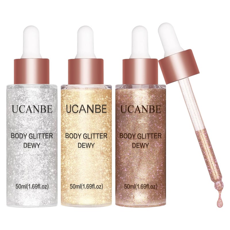 UCANBE Glow Shimmer Drop Set for Women Highlighter Makeup Body Glitter Dewy Liquid Face Holographic Luminizer Sparkles for Face 3 Pcs
