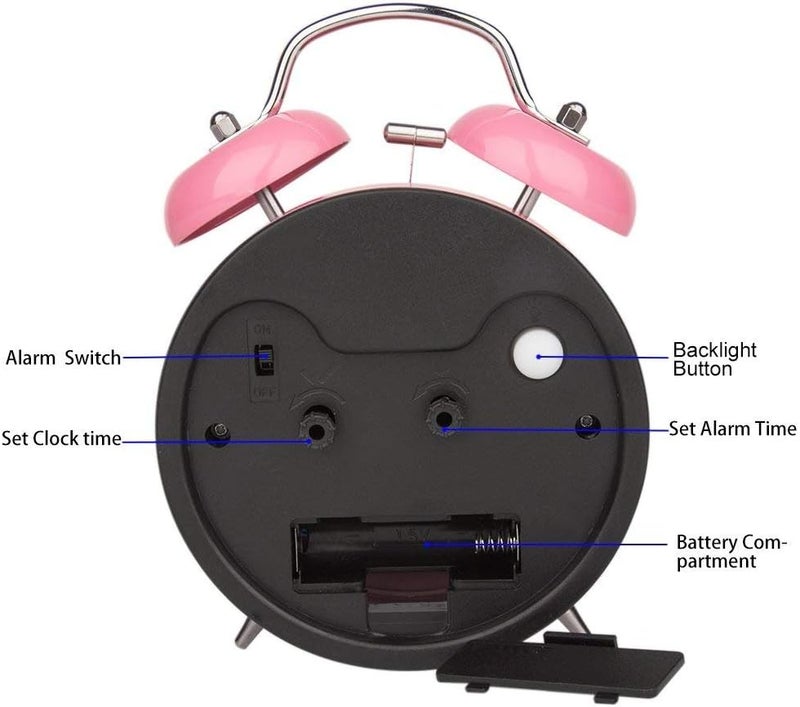 Peakeep 4 Inches Twin Bell Loud Alarm Clock for Heavy Sleepers Kids, Battery Operated Old Fashioned Alarm Clock (3D-Dial, Pink) - Image 5