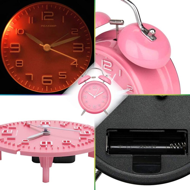 Peakeep 4 Inches Twin Bell Loud Alarm Clock for Heavy Sleepers Kids, Battery Operated Old Fashioned Alarm Clock (3D-Dial, Pink) - Image 4