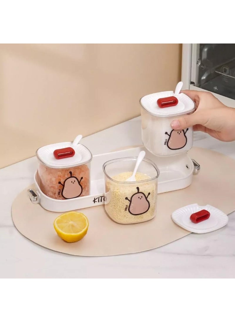 Neminath Mart NEMINATH MART 3 Pcs Set Condiment Jar with Tray Spoons Kitchen Storage Container Serving Dryfruit Spices Sauces Chutney Masala Mukhwas Achar Masala Box Condiment Set Transparent  - Image 5