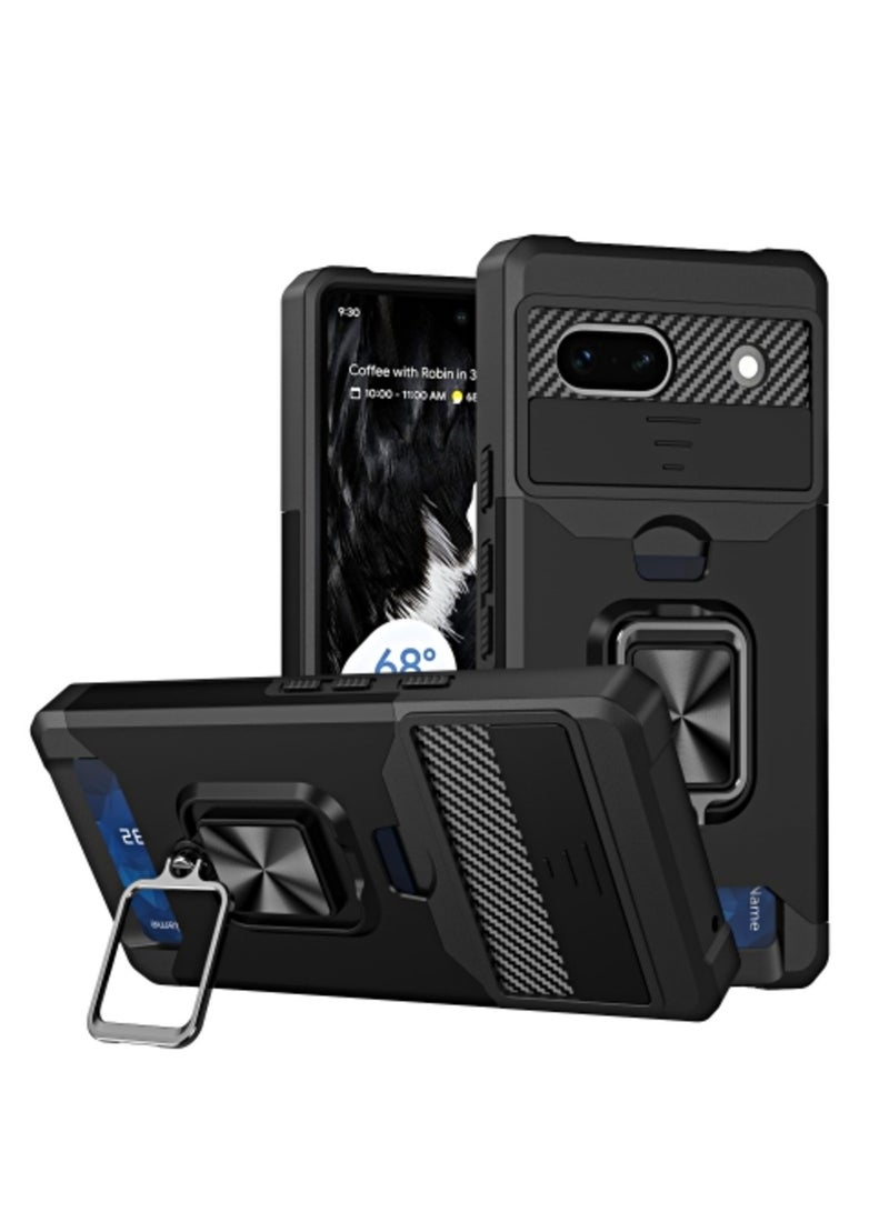 Case for Google Pixel 7a Camera Shield Card Slot Phone Case With Ring Holder Black  - Image 1