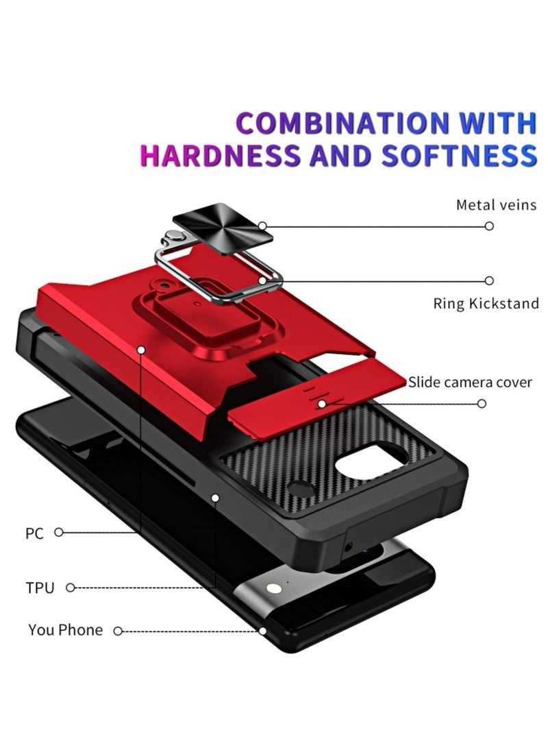 Case for Google Pixel 7a Camera Shield Card Slot Phone Case With Ring Holder Black  - Image 2