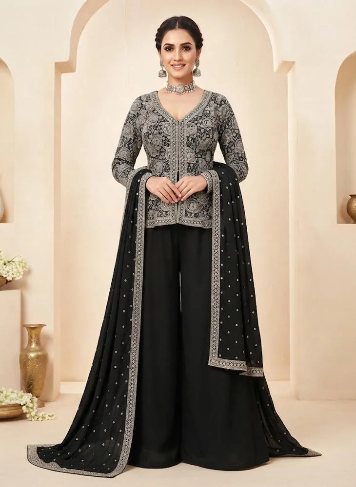Viny VINY Black 3-Piece Embroidered Jacket-Style Suit Set – Women's Indian Ethnic Wear