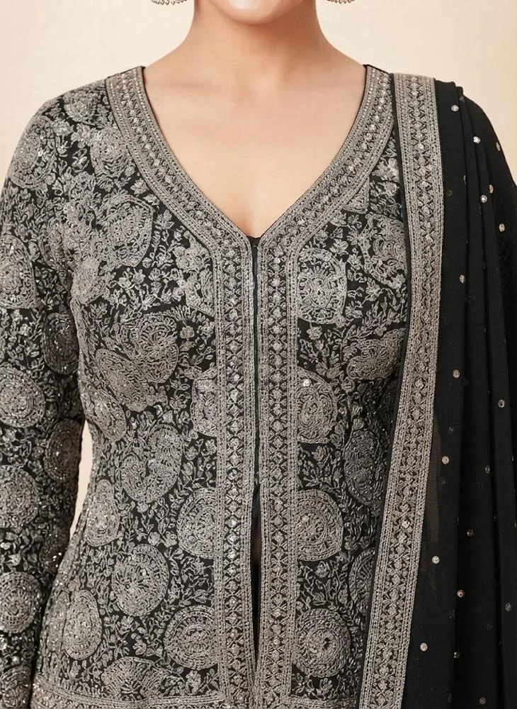 Viny VINY Black 3-Piece Embroidered Jacket-Style Suit Set – Women's Indian Ethnic Wear