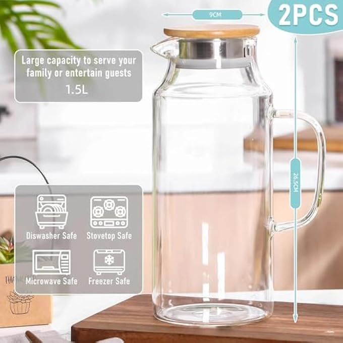 jaffiust 2 Pcs Glass Pitcher With Lid And Spout 1500Ml Glass Mouthwash Bottle Nightstand Carafe For Handy Midnight Drink Set For Water Juice Kitchen Bedroom - Image 2