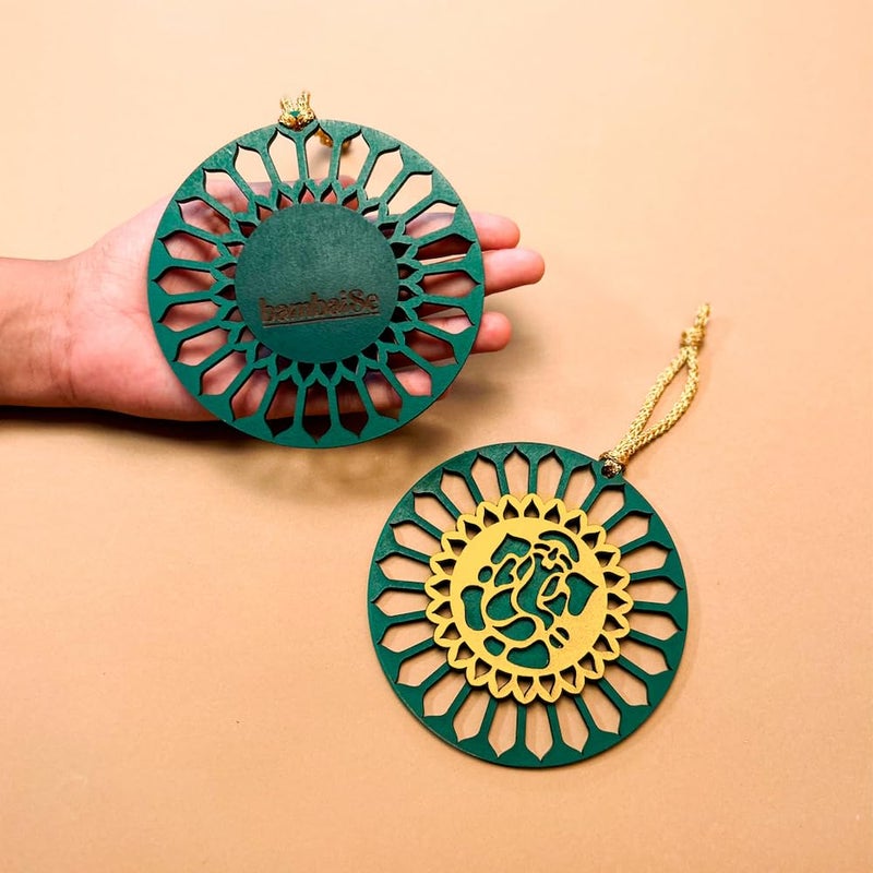 bambaiSe Handmade MDF with Premium Painted Round Shaped Ganesh Mandala Art Wall Hanging 115 x 115 cm Set of 2 Green - Image 4