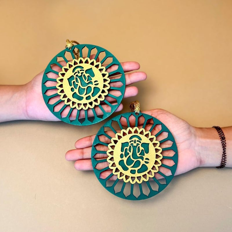 bambaiSe Handmade MDF with Premium Painted Round Shaped Ganesh Mandala Art Wall Hanging 115 x 115 cm Set of 2 Green - Image 2
