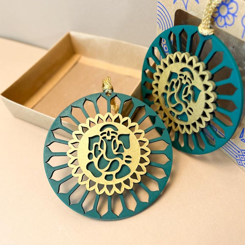 bambaiSe Handmade MDF with Premium Painted Round Shaped Ganesh Mandala Art Wall Hanging 115 x 115 cm Set of 2 Green - Image 1