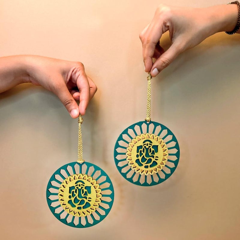 bambaiSe Handmade MDF with Premium Painted Round Shaped Ganesh Mandala Art Wall Hanging 115 x 115 cm Set of 2 Green - Image 3