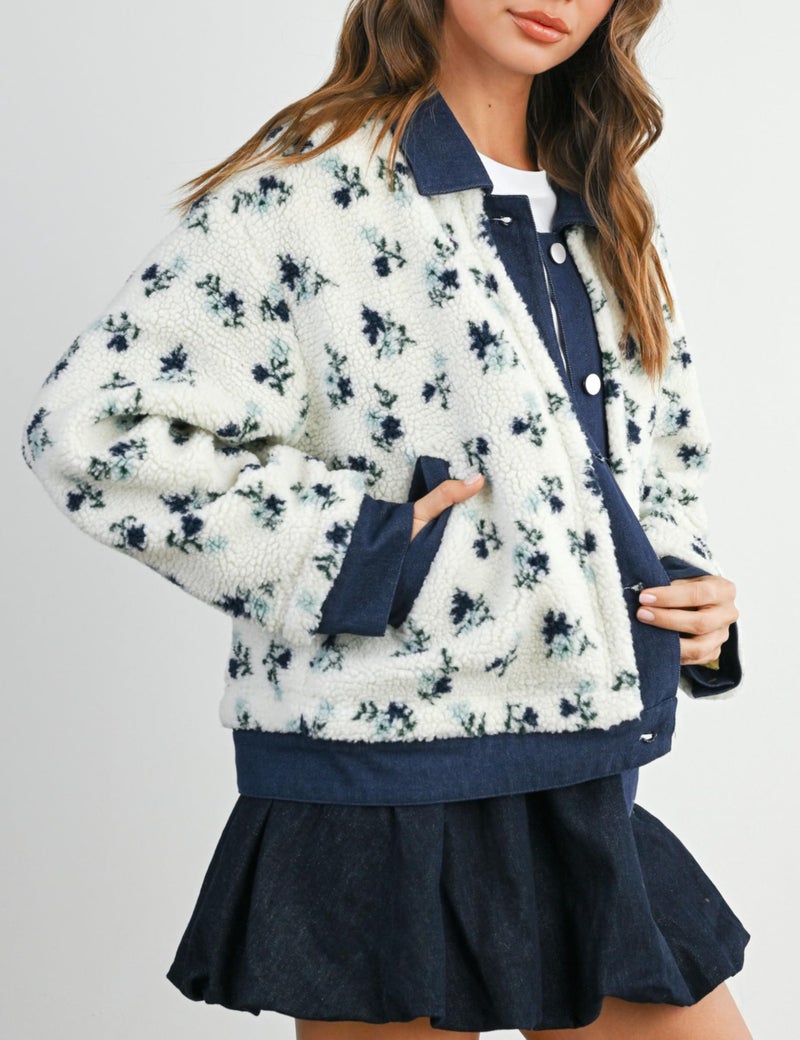 Meyhad Women's Floral Sherpa Jacket Open Front Denim Collar Fleece Jackets Oversized Outerwear with Pockets(1011-Navy-M) - Image 3