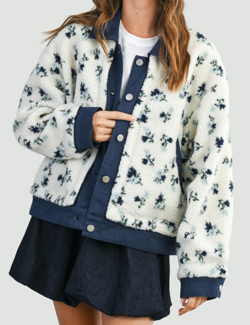 Meyhad Women's Floral Sherpa Jacket Open Front Denim Collar Fleece Jackets Oversized Outerwear with Pockets(1011-Navy-M) - Image 5