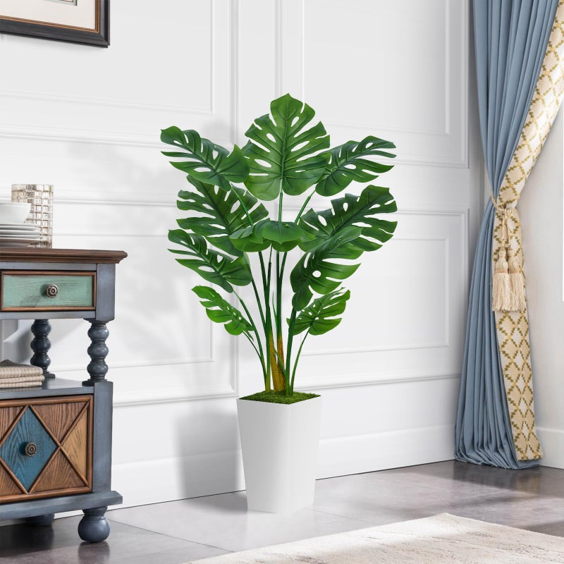 ASTIDY Artificial Monstera Deliciosa Plant 5FT - Faux Tropical Palm Tree with White Tall Planter - Fake Swiss Cheese Floor Plant Potted - Artificial Tree for Home Office Living Room Decor Indoor - Image 2