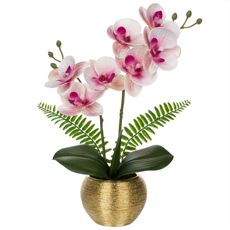 Briful Fake Orchid Fake Plant 13''Pink Orchids Artificial Flowers with Gold Ceramic Vase Faux Orchid for Home Office Gold Table Centerpiece Decor Indoor - Image 1
