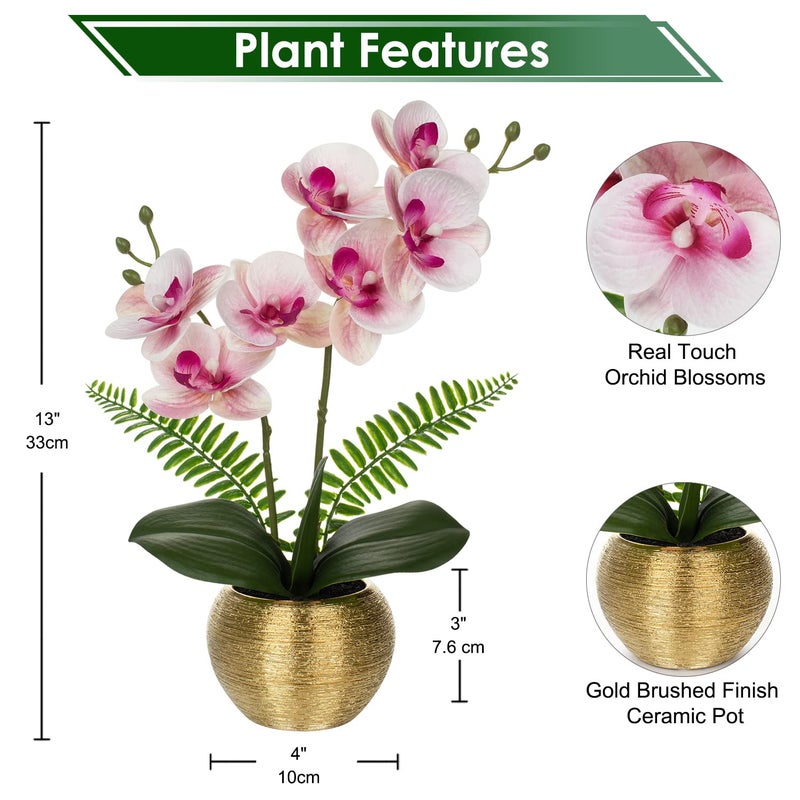 Briful Fake Orchid Fake Plant 13''Pink Orchids Artificial Flowers with Gold Ceramic Vase Faux Orchid for Home Office Gold Table Centerpiece Decor Indoor - Image 2