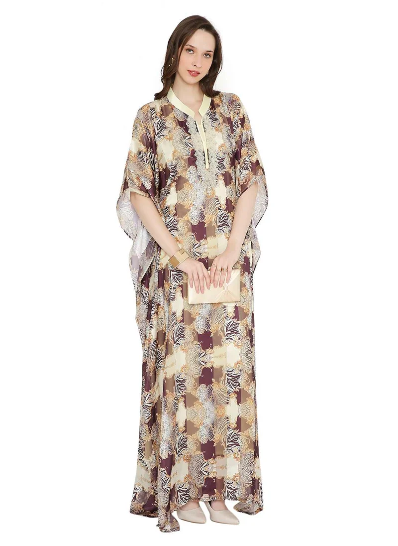 HANA & SARA MULTICOLOUR PRINTED WITH STONE EMBROIDERED LONG MODEST WITH COLLARED NECK ARABIC KAFTAN JALABIYA DRESSES