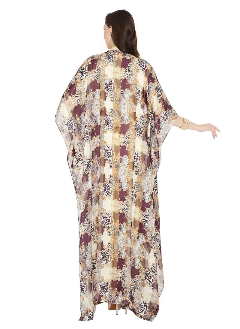 هانا آند سارا MULTICOLOUR PRINTED WITH STONE EMBROIDERED LONG MODEST WITH COLLARED NECK ARABIC KAFTAN JALABIYA DRESSES