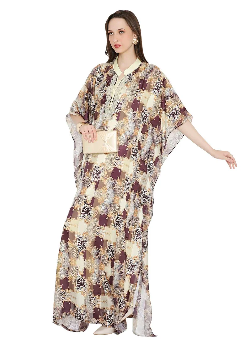 HANA & SARA MULTICOLOUR PRINTED WITH STONE EMBROIDERED LONG MODEST WITH COLLARED NECK ARABIC KAFTAN JALABIYA DRESSES