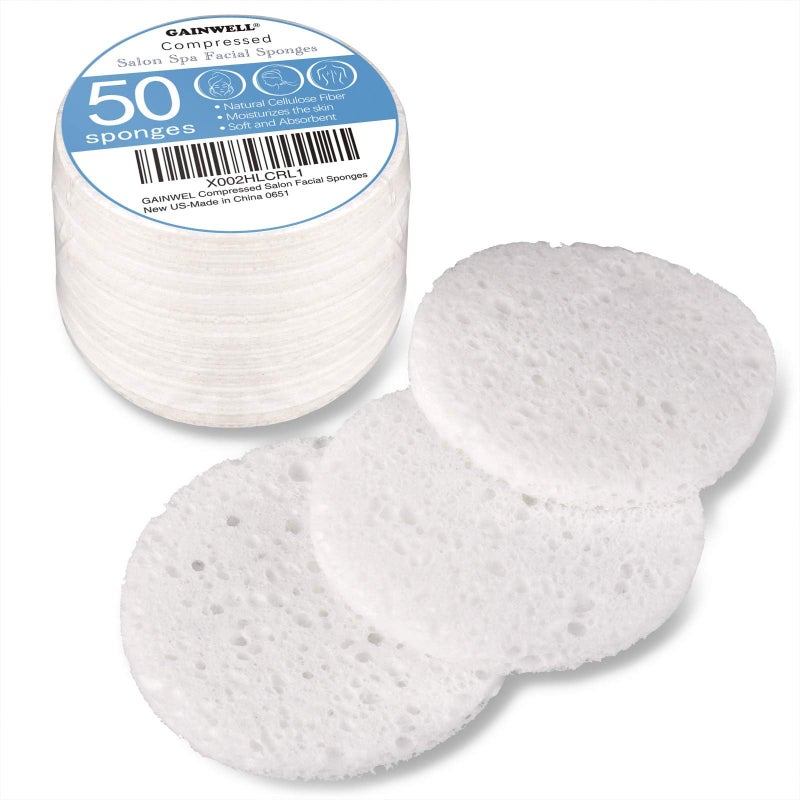 GAINWELL 50-Count Compressed Facial Sponges, GAINWELL White Cellulose 100% Natural Cosmetic Spa Sponges for Facial Cleansing, Exfoliating Mask, Makeup Removal - Image 1